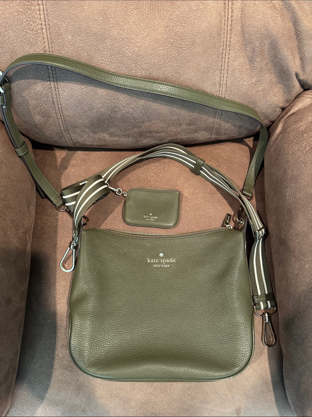 kate spade olive green pebbled leather shoulder bag with striped web strap